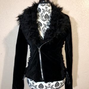 Tripp NYC Black Velvet Corset Fur Moto Jacket